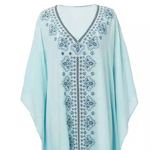 Baby Blue Embroidered Cotton Kaftan Kimono Maxi Dress, Light Blue Maxi Caftan - Picture 4 of 5